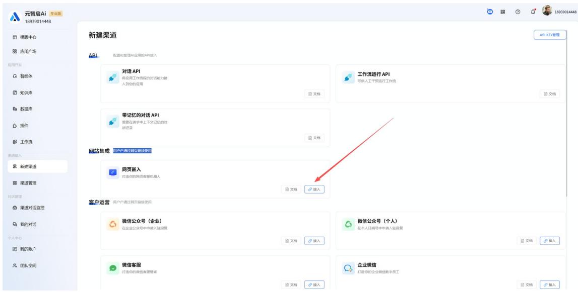 新建网页嵌入渠道